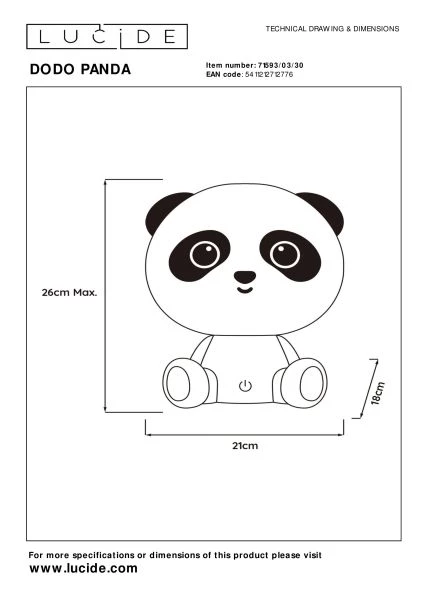Lucide DODO PANDA - Lampe de table Chambres d'enfant - LED 3 StepDim - 1x3W 4000K - Noir - technique